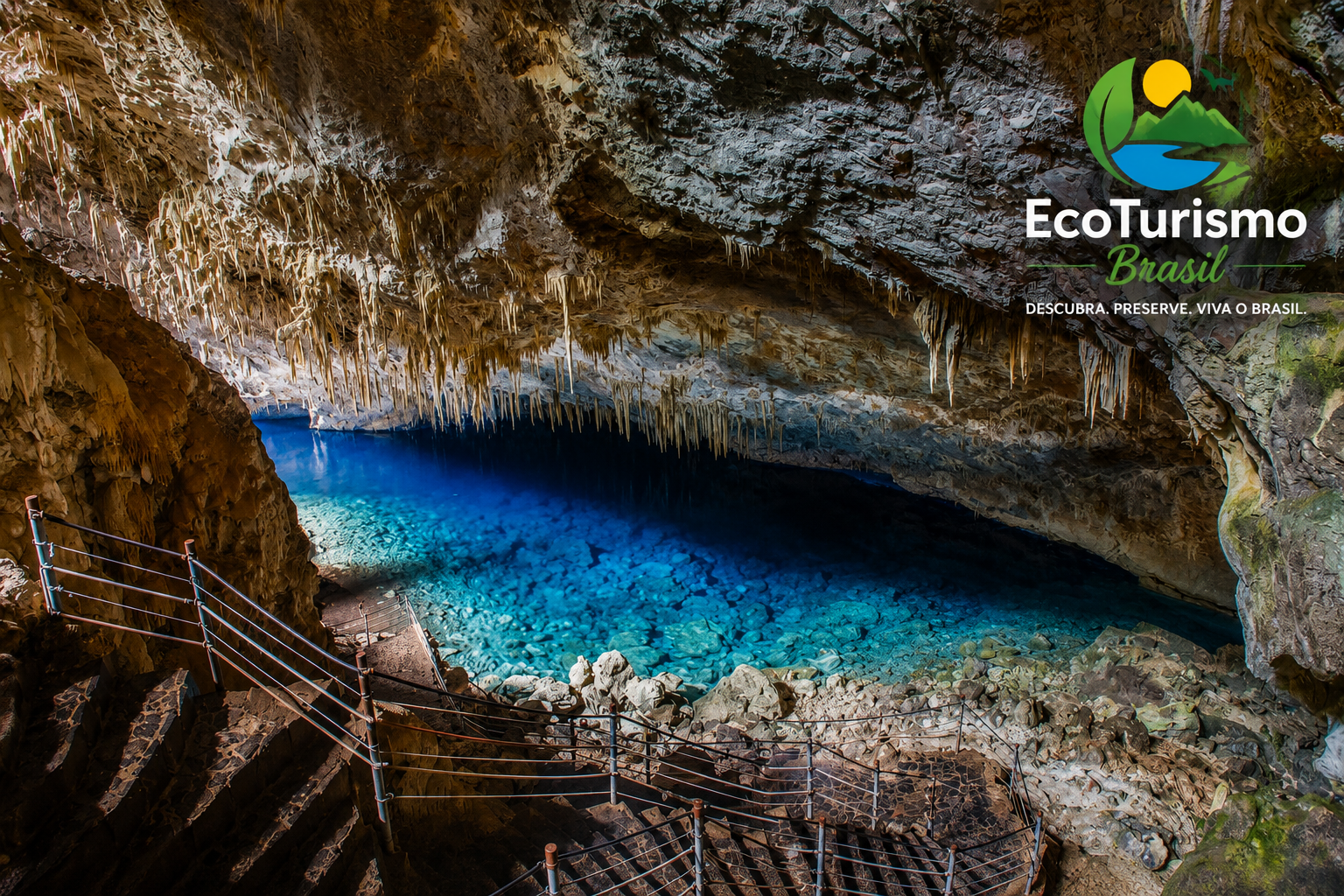 A imagem mostra o interior de uma caverna de grandes dimensões, iluminada pela luz natural que entra pela abertura ao fundo. O ambiente é formado por rochas em tons de marrom, cinza e bege, criando um cenário de rara beleza natural.
No lado esquerdo da imagem há uma escadaria de pedra com corrimãos metálicos, que desce em direção ao interior da caverna. Os degraus são irregulares e acompanham o relevo rochoso, conduzindo o visitante até a margem da água.
No centro da cena encontra-se um lago de águas extremamente cristalinas, em tons que variam do azul-turquesa ao azul profundo. A transparência da água permite visualizar pedras e formações rochosas no fundo, especialmente nas áreas mais rasas próximas à entrada do lago. Em direção ao centro, a água se torna mais escura, revelando grande profundidade.
O teto da caverna é coberto por inúmeras estalactites, formações minerais alongadas que pendem do teto como pequenas pontas e cortinas de pedra. Algumas são finas e delicadas; outras são maiores e mais espessas, criando uma aparência semelhante a um grande lustre natural.
As paredes rochosas apresentam texturas irregulares, com fissuras, saliências e diferentes tonalidades que evidenciam milhares de anos de formação geológica. A iluminação natural destaca partes da caverna, enquanto outras permanecem em sombras, aumentando a sensação de profundidade e grandiosidade.
No canto superior direito está o logotipo da EcoTurismo Brasil, composto por montanhas verdes, um rio azul e um sol amarelo. Abaixo do nome aparece a frase: “Descubra. Preserve. Viva o Brasil.”
A imagem transmite uma sensação de silêncio, contemplação e admiração diante da natureza, destacando uma das paisagens subterrâneas mais impressionantes de Bonito, no Mato Grosso do Sul.
