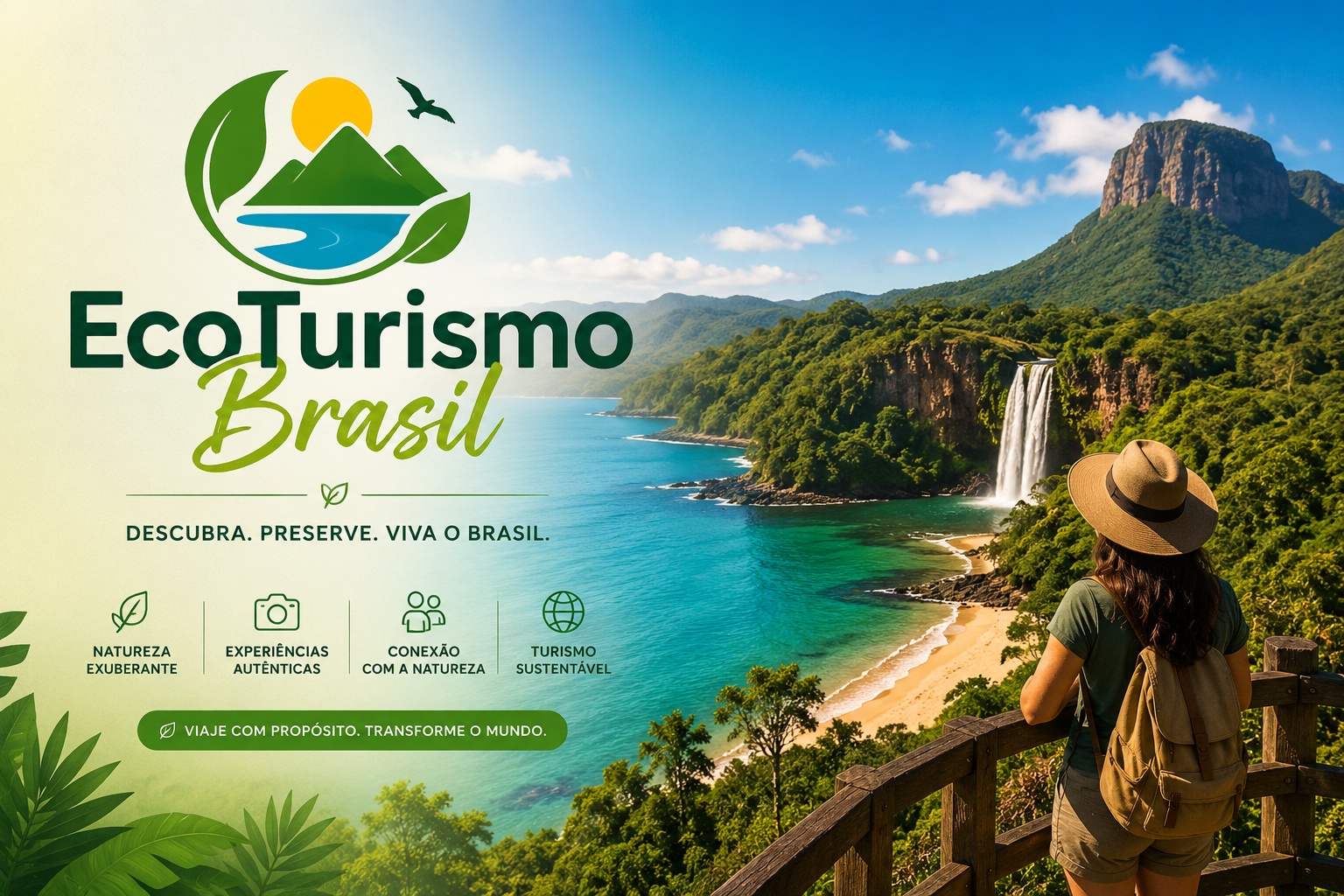 A imagem apresenta um banner promocional da empresa “Eco Turismo Brasil”. A imagem é dividida em duas partes.
No lado esquerdo, há um fundo claro com o logotipo do site: um desenho em tons de verde e azul que representa montanhas, um rio ou lago e folhas, simbolizando natureza e sustentabilidade. Abaixo do logotipo aparece o nome “EcoTurismo Brasil”, sendo “EcoTurismo” em verde escuro e “Brasil” em verde-claro, em estilo manuscrito.
Logo abaixo, está o slogan: “Descubra. Preserve. Viva o Brasil.” Também aparecem ícones relacionados à natureza, fotografia, convivência e turismo sustentável, acompanhados dos textos:
Natureza exuberante;
Experiências autênticas;
Conexão com a natureza;
Turismo sustentável.
Na parte inferior há um botão verde com a frase: “Viaje com propósito. Transforme o mundo.”
No lado direito da imagem, há uma paisagem natural exuberante. Um mar de águas azul-turquesa banha uma praia cercada por uma grande floresta verde. Ao fundo, montanhas altas se elevam sob um céu azul com poucas nuvens. Uma cachoeira desce de um penhasco em direção ao mar.
Em primeiro plano, uma pessoa vista de costas observa a paisagem de um mirante de madeira. Ela usa chapéu de palha, camiseta verde, mochila bege e roupas de trilha, transmitindo a ideia de aventura e contato com a natureza.
A imagem procura transmitir sensações de preservação ambiental, aventura, turismo sustentável e valorização das belezas naturais do Brasil.