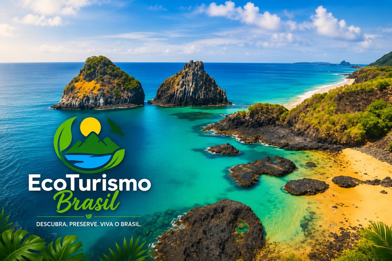 Imagem promocional de ecoturismo. Ao fundo, uma paisagem litorânea paradisíaca com mar em tons de azul-turquesa e verde-esmeralda. No centro da cena, duas grandes formações rochosas emergem da água cristalina. À direita, uma faixa de areia dourada acompanha a curva da costa, cercada por vegetação verde e rochas escuras.
O céu é azul-claro, com nuvens brancas espalhadas, transmitindo sensação de dia ensolarado e agradável. No canto inferior esquerdo, aparecem folhas tropicais decorativas.
Sobre a paisagem há um logotipo com elementos da natureza: folhas verdes, montanhas, um sol amarelo e um pássaro em voo. Abaixo do símbolo está escrito, em letras grandes, 